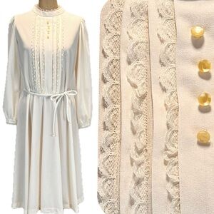 VINTAGE 70s lace dress midi long sleeve beige JCPenney fancy formal event modest